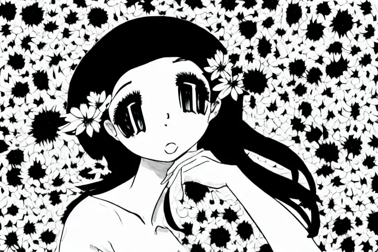 Prompt: “Extremely distraught black and white anime girl dramatically ugly crying with flowers petals being blown around her by a violent wind, black and white”