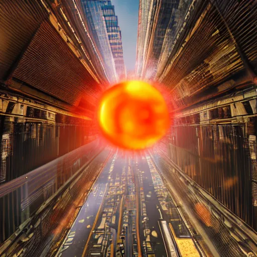 Image similar to centered action photography shot of extremely detailed hyper realistic thermonuclear bomb explosion in a city, professional film photography, 8 k, cinematic framing, cinematic lighting