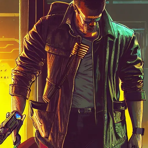 Image similar to Ezra. cyberpunk mercenary smoking a cigar. Style of James Gurney and Mœbius. (Cyberpunk 2077. Blade Runner. Apex Legends. The matrix)