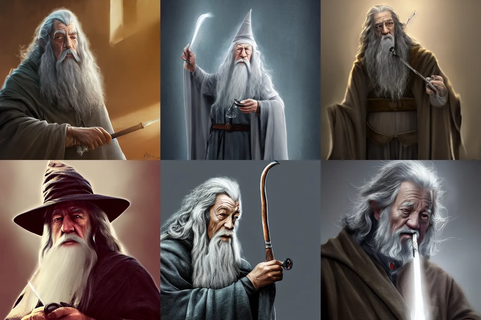 Prompt: Gandalf the Grey as a puppy smoking a pipe, digital art, matte painting, trending on artstation, award-winning art, cinematic