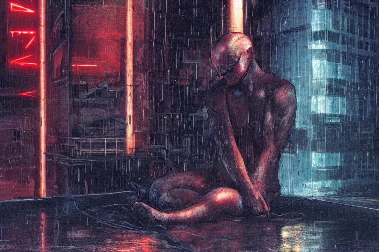 Image similar to roy batty with a bare torso sits in the lotus position with his head bowed in the rain on the roof of a building in the cyberpunk future, around neon signs, a little haze, night, realistic proportions, anime style ghost in armor