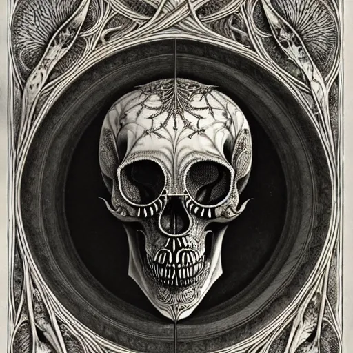 Image similar to art forms of nature by ernst haeckel, memento mori by arthur rackham, ornate antique porcelain beautiful skull mask, ultrasharp, photorealistic, hyperdetailed, octane render, polished, art nouveau, neo - gothic, gothic, intricate ornamental organic filigree, art nouveau botanicals, art forms of nature by ernst haeckel, horizontal symmetry, symbolist, visionary