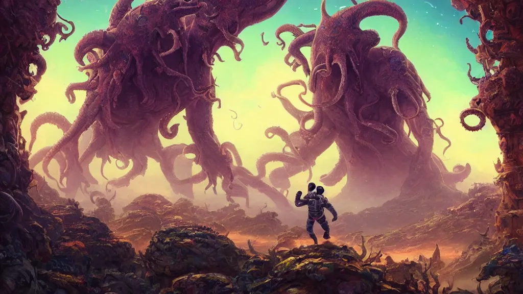 Image similar to An astronaut has a treasure with him, he is running away from the giant Cthulhu that is behind hunting him, this is an extravagant planet with wacky wildlife and some mythical animals, the background is full of ancient ruins, the ambient is vivid and colorful with a terrifying atmosphere, by Jordan Grimmer digital art, trending on Artstation,