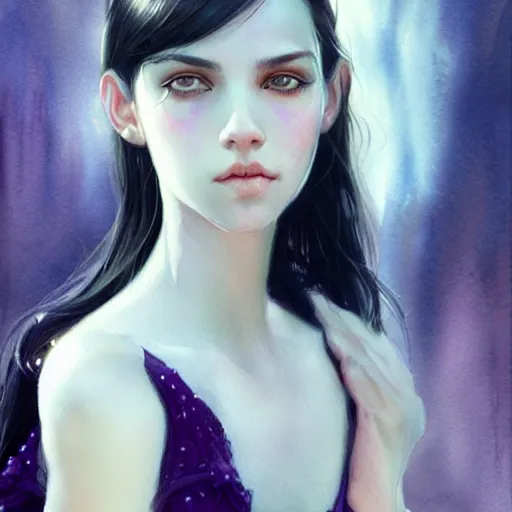 Image similar to young boy, black hair, purple eyes, gorgeous, amazing, feminine, elegant, intricate, highly detailed, watercolor, portrait, artstation, concept art, sharp focus, illustration, art by charlie bowater and Ross tran