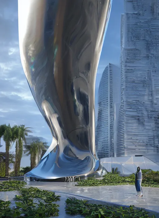 Image similar to highly detailed realistic architecture 3 d render of a huge high futuristic iridescent metallic stele sculpture in zaha hadid style standing in city park, archdaily, made in unreal engine 4 octane render