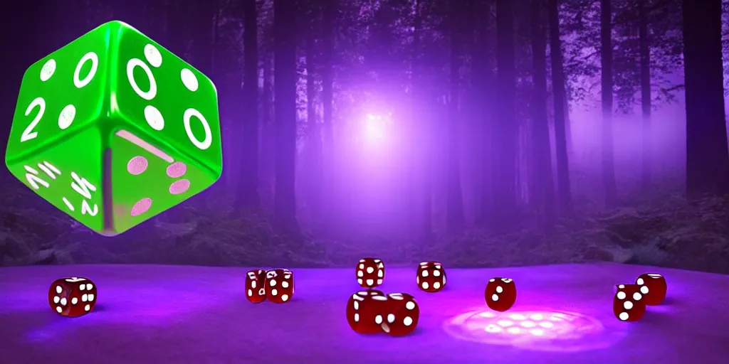 Image similar to forest god rolling giant magical 3 d d 6 casino dice cube, glowing, energy radiating, fantasy forest in the background, 4 k detailed, symmetry, by shaddy safadi and cam sykes and james paick