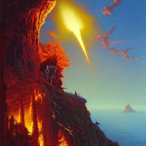 Image similar to a wide - angle beautiful painting of firefall over a high cliff. by bruce pennington, dan mumford.