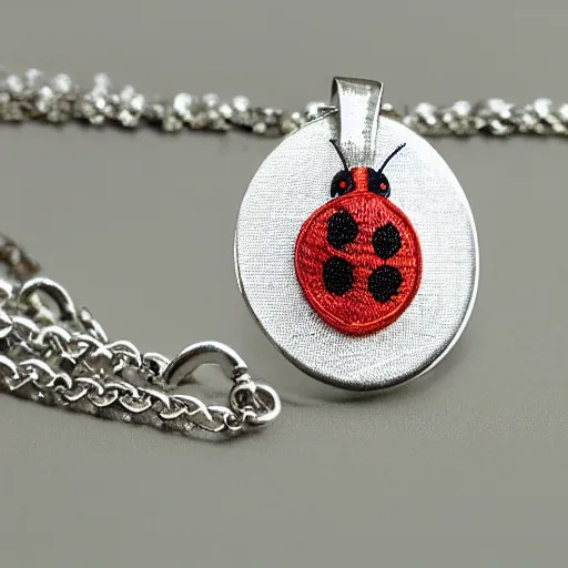 Image similar to silver embroidered necklace in the shape of a ladybug on a leaf, photo, artstation