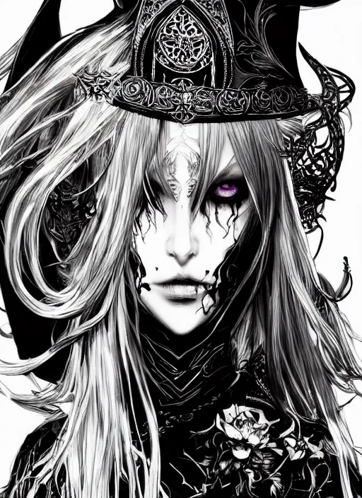 Image similar to beautiful human witch with blonde long straight hair in intricate ornate witch robe, haughty evil look, witch hat. in style of yoji shinkawa and hyung - tae kim, trending on artstation, dark fantasy, great composition, concept art, highly detailed, dynamic pose.