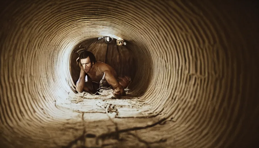 Image similar to 1 9 7 0 s movie still of a man in a barque in a tiny tunnel of flesh, leica sl 2