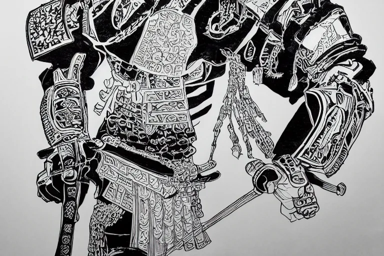 Prompt: ink on paper black and white cyber samurai, intricate, very detailed, soft lighting, 8 k hd