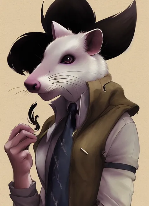 Prompt: character portrait of a male anthro opossum fursona with a tail and a cute beautiful attractive detailed furry face wearing a dress shirt and slacks outside a city tattoo parlor. Character design by charlie bowater, ross tran, artgerm, and makoto shinkai, detailed, inked, western comic book art