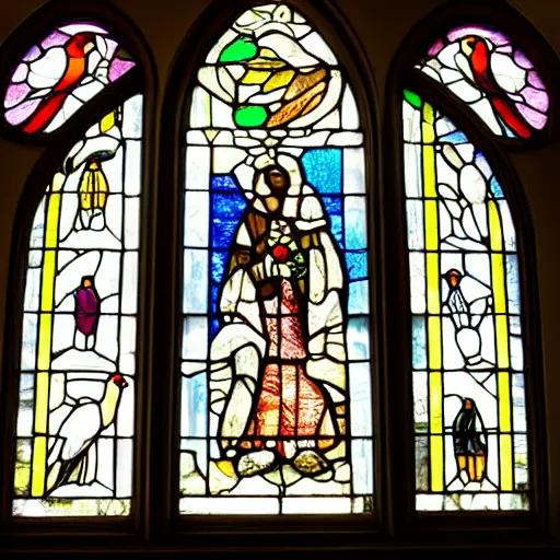 Prompt: church window stained glass art of a bird