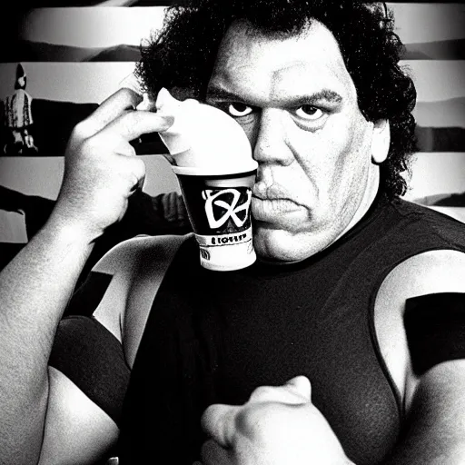 Prompt: photograph andre the giant as kentucky fried chicken spokesman, detailed