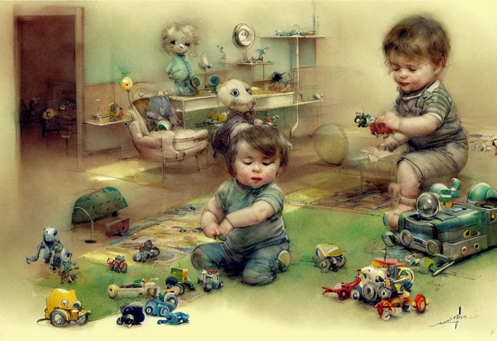 Image similar to toddler ( ( ( ( ( 1 9 5 0 retro future living room. muted colors. toys laying around ) ) ) ) ) by jean baptiste monge, chrome green