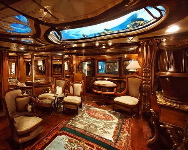 Prompt: dream captain nemo's luxury victorian living room on the nautilus with views out porthole windows of ocean life, photo realistic, 8 k