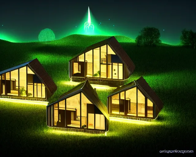 Image similar to connected ecovillage houses with solrarrofs - plant goddess high quality photo, microchip, artificial intelligence, bio - mechanical bio - luminescence, black wired cables, neurons, nerve cells, cinematic, rim light, photo - realistic, elegant, high detail, 8 k, masterpiece, high fashion, in the style of man ray