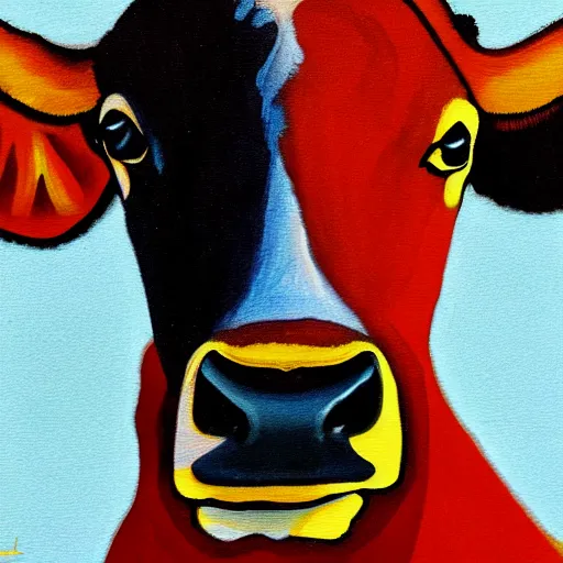 Image similar to a stylized painting of a cow looking into the camera, 4 k,