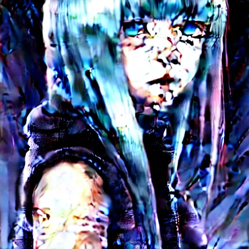 Image similar to full face shot of rimuru tempest, sky blue straight hair, long bangs, with amber eyes, wearing a black jacket, high collar, ultra detailed, concept art, award winning photography, digital painting, cinematic, wlop artstation, closeup, pixiv, evil, yoshitaka amano, andy warhol, ilya kuvshinov,