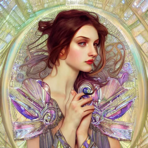 Image similar to a photograpic portrait of a anthropomorphic crystal wearing white clothes, iridescent colors, fantasy, intricate, elegant, highly detailed, digital painting, artstation, concept art, smooth, sharp focus, illustration, art by artgerm and H R Giger and alphonse mucha