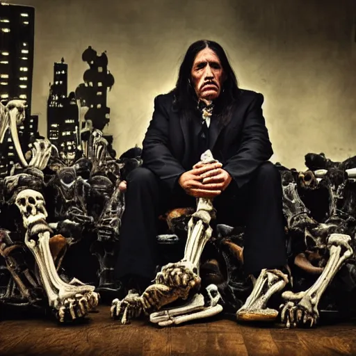 Image similar to a photo of a sad victorian gothic danny trejo sitting on a sofa of bones surrounded by a cyber futuristic cityscape made of human body parts, lighting, 5 0 mm, perfect faces, award winning phhotography