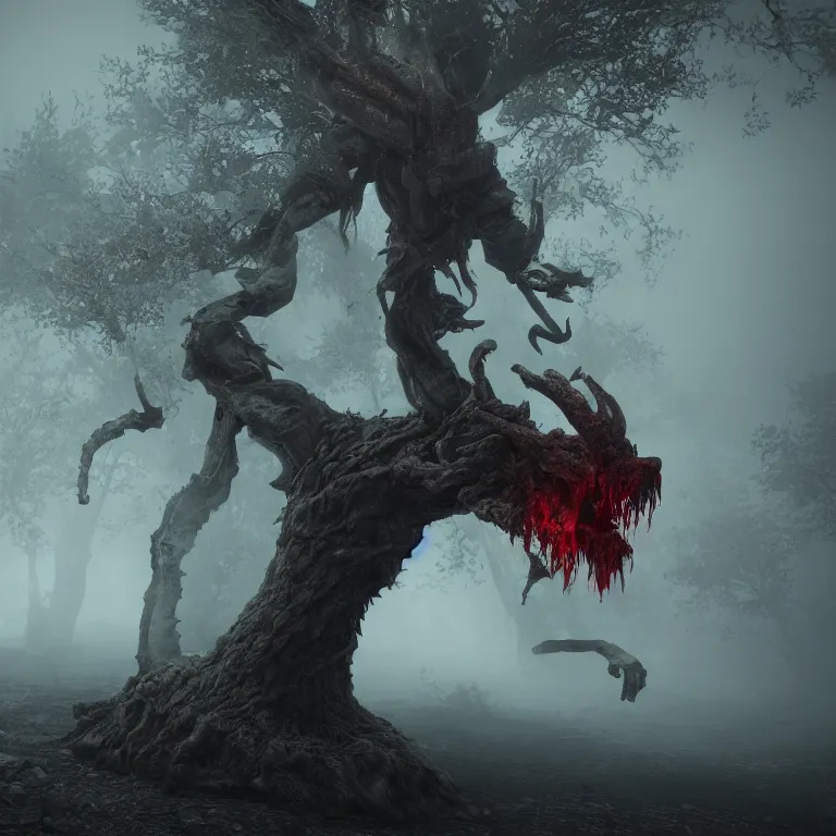 Image similar to a bloody tree demon monster on hell, dark, foggy, eerie, splash, sparkle, smoke, particles, octane render, unreal engine, artstation, digital art.