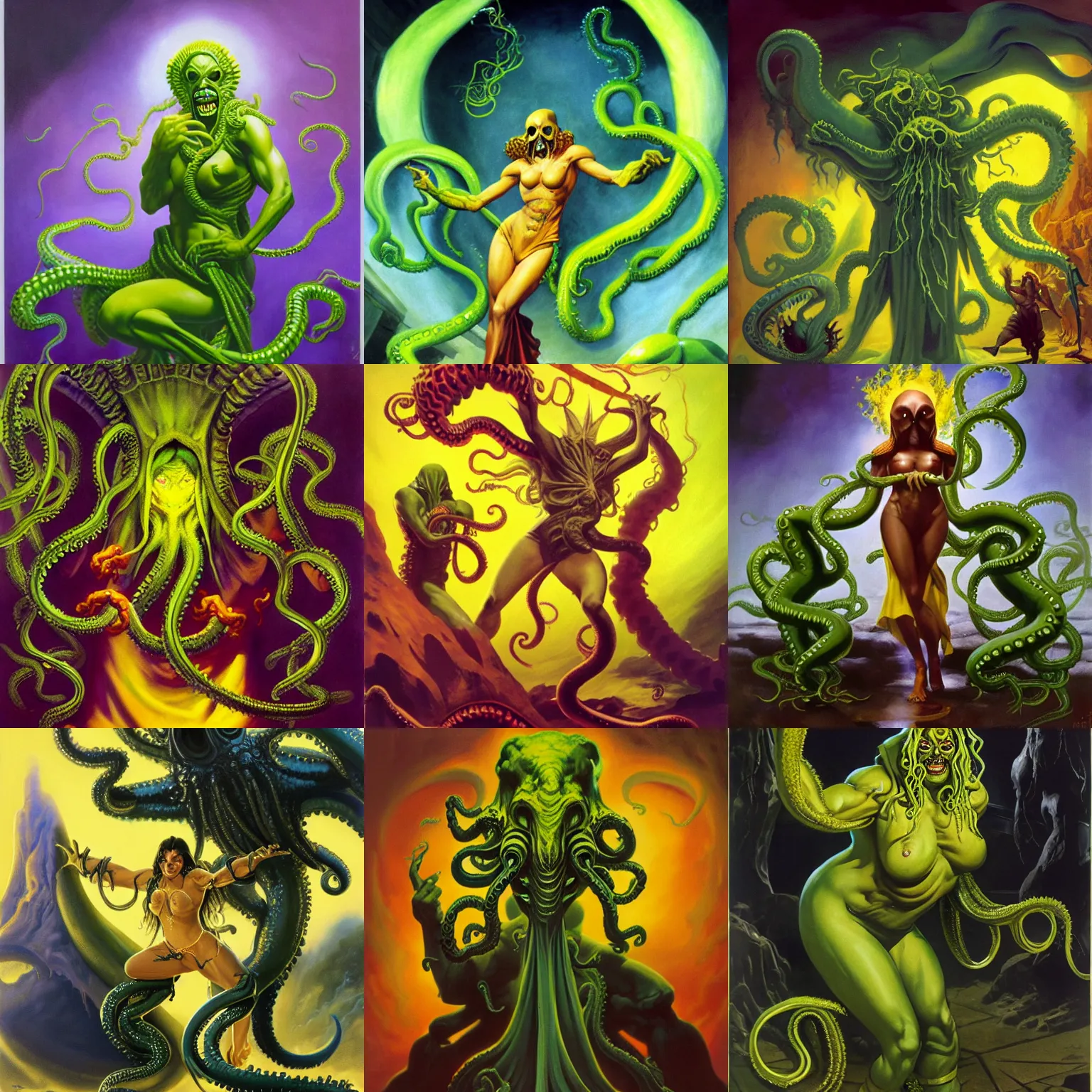 Prompt: a muscular, yellow-robed cultist, her face contorted in hate, pulling open her robes to reveal a mass of shiny green tentacles, fantasy, cthulhu, clothing, elaborate, art by Frank Frazetta and Boris Vallejo, atmospheric, oil painting, 4k