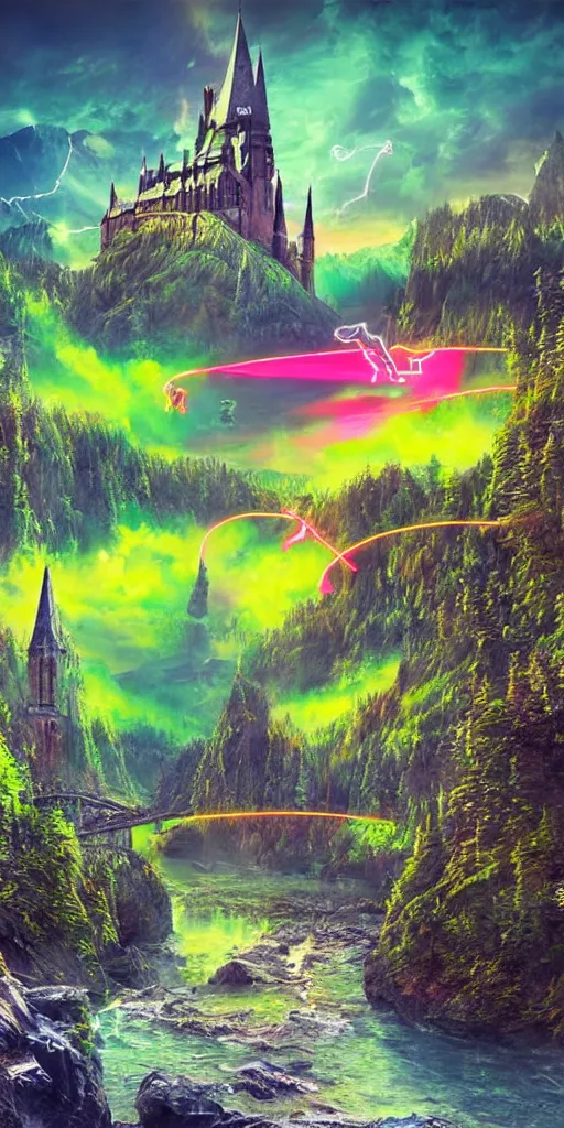 Prompt: neon Harry Poter world, hyper realistic, landscape, nature