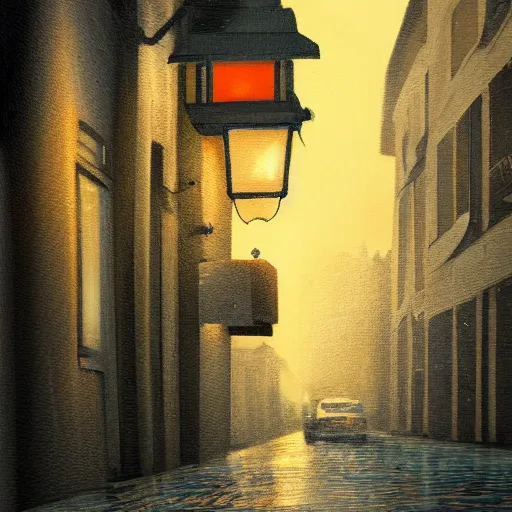 Image similar to a cute orange tabby cat with green eyes on an old street, it is night and raining, street lamps are illuminating the street, moody lighting, peaceful atmosphere, digital art, highly detailed, high contrast, beautiful lighting, award winning, trending on art station, 8 k,