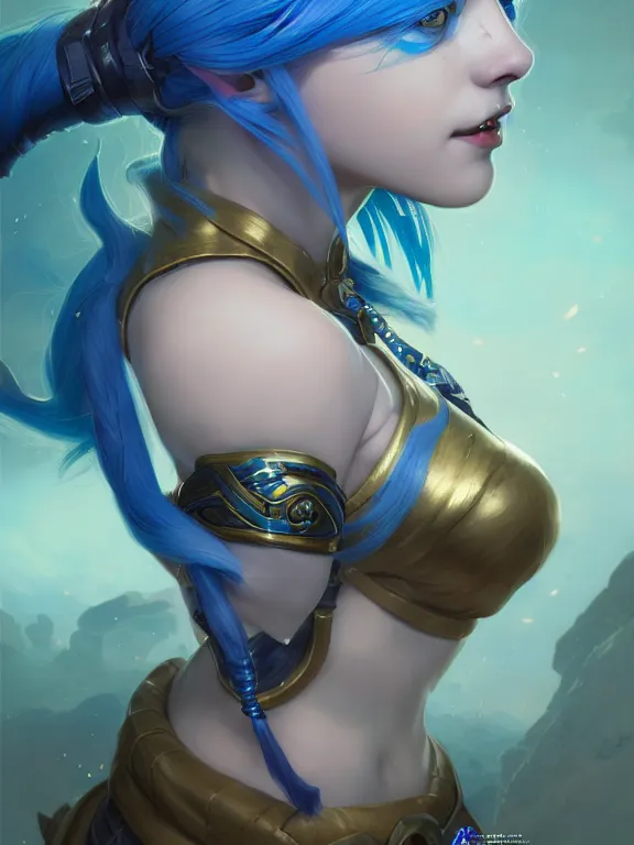 Image similar to a League of Legends FAN ART Portrait of JINX, blue hair, long pigtail, intricate, elegant, highly detailed, digital painting, concept art, smooth, sharp focus, illustration, by Laurie Greasley,Lawrence Alma-Tadema,Dan Mumford,artstation,deviantart,Unreal Engine,face enhance,8K,golden ratio,cinematic lighting