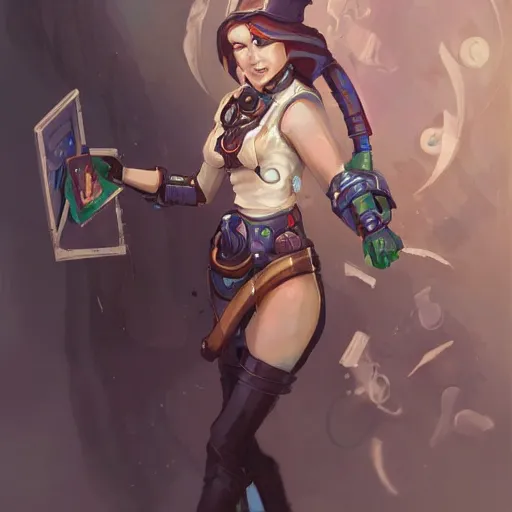 Image similar to cybernetic artificer, cute heroine, magic the gathering art, in the style of peter mohrbacher and keith thompson