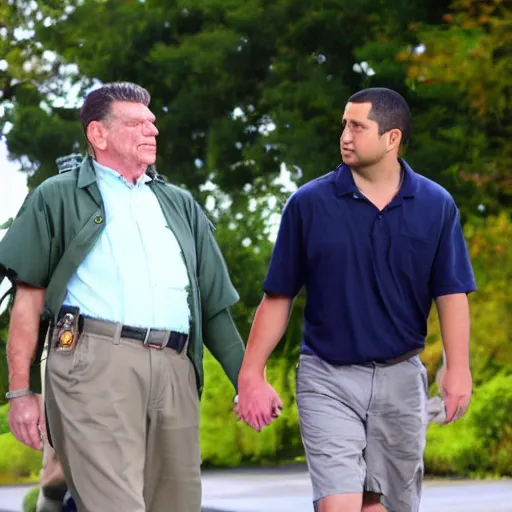 Image similar to Andy Griffith walking down the street, holding hands with George Zimmerman