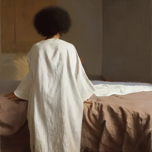 Image similar to girl with afro and angel wings, in kimono, backview, sitting on edge of bed, by jeremy lipking, tim rees, joseph todorovitch