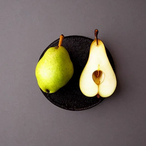 Prompt: A pear cut into seven pieces arranged in a ring.