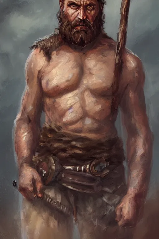 Image similar to a full body fantasy portrait oil painting illustration of a single rugged stoic barbarian man by Justin Sweet with face and body clearly visible, d&d, rpg, forgotten realms, artstation trending, high quality, sombre mood, artstation trending, muted colours, no crop, entire character,