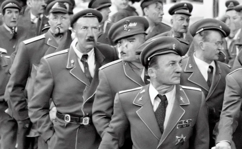 Prompt: 50s movie still of very diverse soviet generals with very detailed faces, by Alexei Guerman , Cinestill 800t 35mm black and white, heavy grainy picture, very detailed, high quality, 4k, HD criterion, precise texture