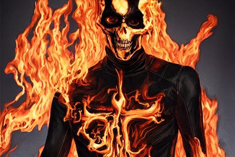Prompt: Keanu Reeves as Ghost Rider (Marvel). Portrait, in character costume. Vanity Fair First Look