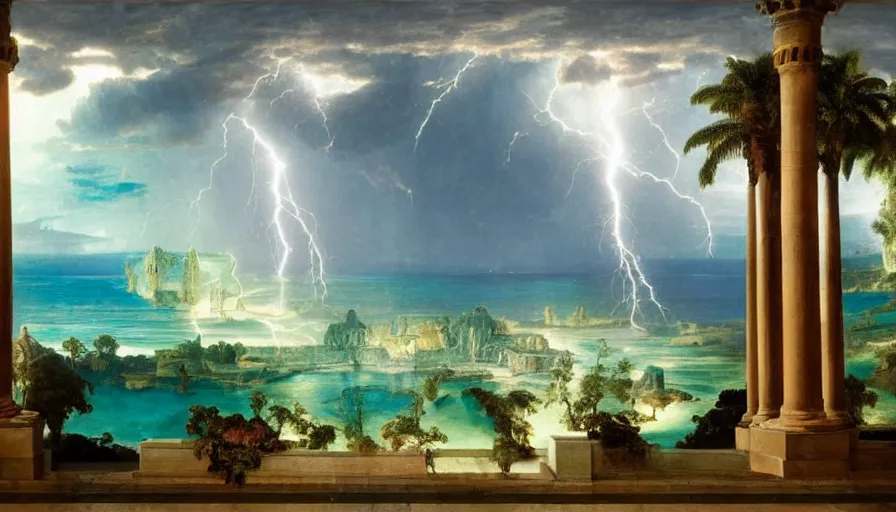 Image similar to Inside the Palace of the occult, mediterranean balustrade and columns, refracted sparkles, thunderstorm, greek pool, beach and Tropical vegetation on the background major arcana sky and occult symbols, by paul delaroche, hyperrealistic 4k uhd, award-winning, very detailed paradise