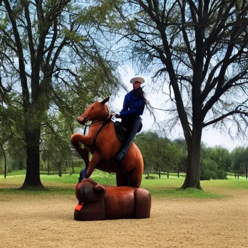 Prompt: equestrian riding a giant bear in the park