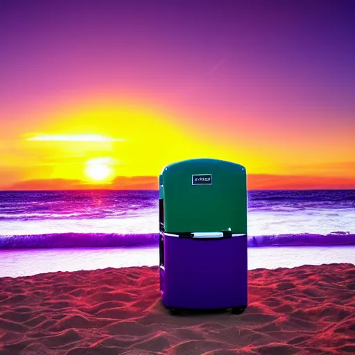 Image similar to purple refrigerator on red sand beach, green ocean and nebula sunset