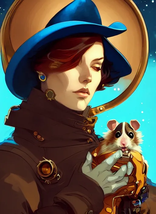 Prompt: style artgerm, joshua middleton, illustration, anthropomorphic hamster as cowboy steampunk aristocrat, blue fur, swirling water cosmos, fantasy, dnd, cinematic lighting, collectible card art