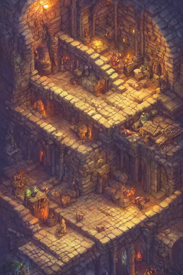 Prompt: a digital painting of an isometric fantasy medieval dungeon by justin gerard, paul bonner, highly detailed, volumetric lighting, digital art, isometric, artstation hd