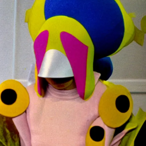 Image similar to Still from a children's television show about a woman dressed as a nostril, color 1980