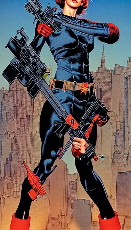 Image similar to female version of the punisher. portrait by clyde caldwell and jean giraud and anton otto fischer and john philip falter and will eisner and gil elvgren