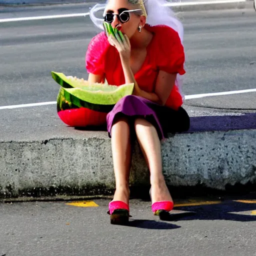 Prompt: lady gaga eating watermelon sitting on the street, lots of flies flying around