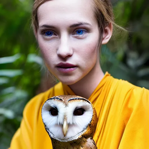 Prompt: amazing portrait photograph of beautiful young female model, symmetric face, symmetric eyes, slight smile, natural light,wearing a yellow kimono with a very detailed barn owl on her shoulder!!! in a tropical greenhouse. looking at the camera!!. super resolution. Extremely detailed. art by Rineke Dijkstra.