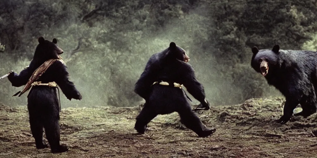 Image similar to scene from Shogun’s Shadow, 1989, movie still, cinematic, anthropomorphic, half man half asian black bear, black bear samurai, Moon Bear Samurai, epic, samurai