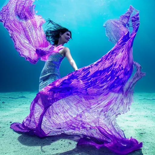 Image similar to woman dancing underwater wearing a flowing dress made of many translucent layers of blue, magenta, and yellow lace seaweed, delicate coral sea bottom, swirling silver fish, swirling smoke shapes, unreal engine, caustics lighting from above, cinematic, hyperdetailed