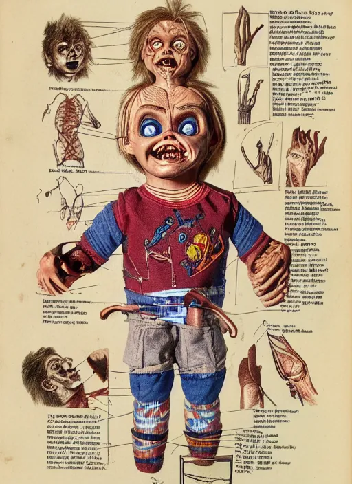 Prompt: vintage medical anatomical illustration of chucky from child's play ( 1 9 8 6 ), highly detailed, labels, intricate writing