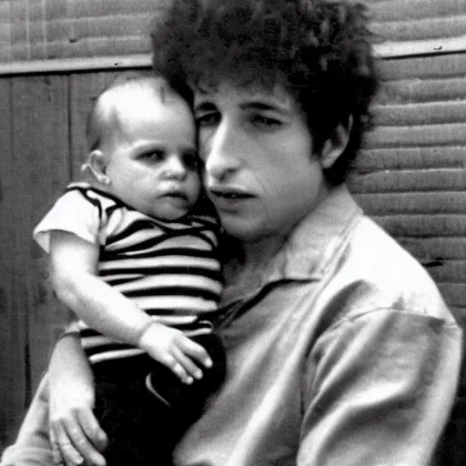 Prompt: bob dylan cradling fat little man like a baby, photograph, 1 9 6 5